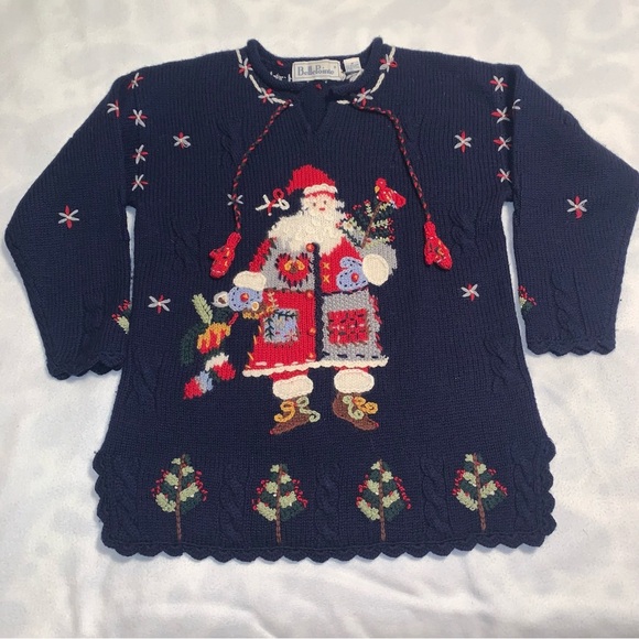 Belle Pointe Vintage Christmas Santa Sweater Sz M Navy Tassels Embroidery EUC - Picture 1 of 9